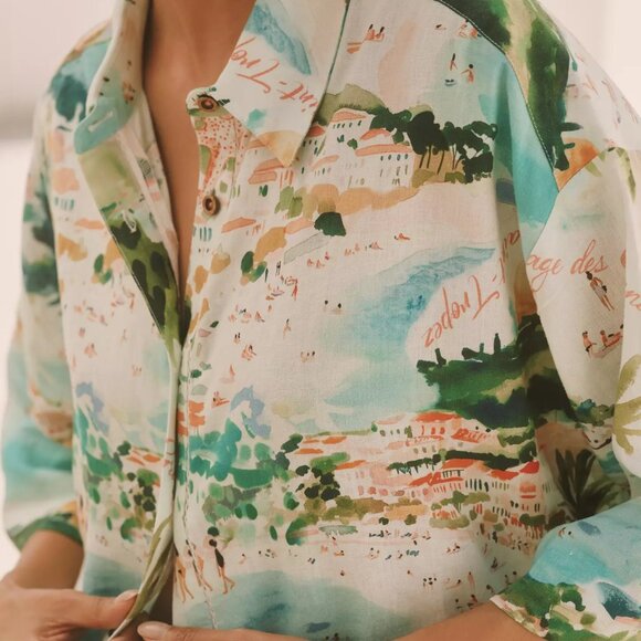 Anthropologie Celandine Linen Blend Printed Buttondown Shirt m new with tag xs - Picture 8 of 12